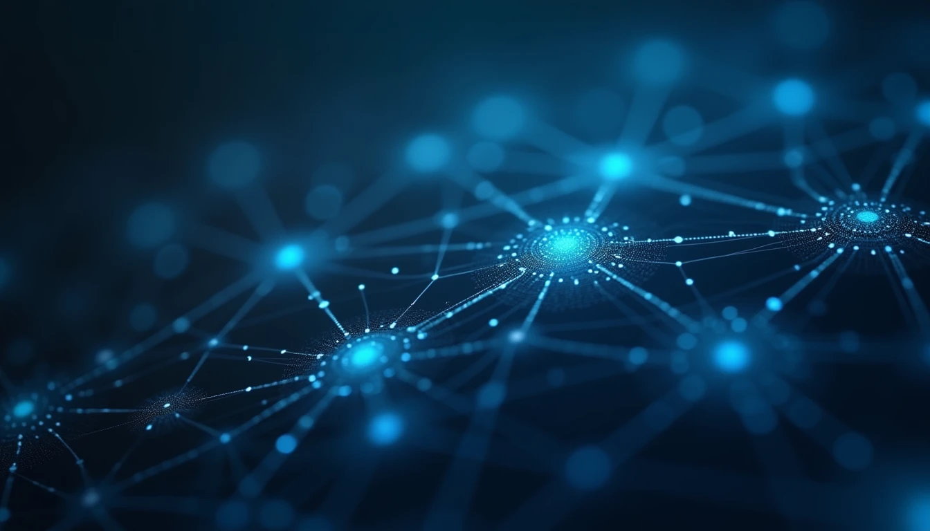 Abstraktes Netzwerk-Diagramm mit n8n-Knoten und AI-Verbindungen